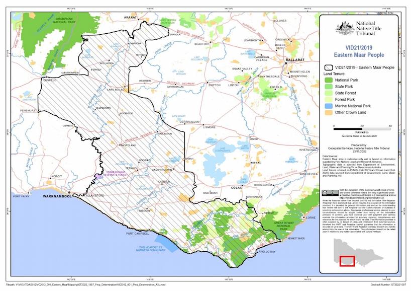 Map of Eastern Maar People land tenure. Shows a section of Victoria extending from The Victorian coast from Apollo Bay west to Warrnambool, north and west to Dunkeld and north to Ararat. Indicative only and based on information supplied by First Nations Legal and Research Services. Topographic data is sourced from Department of Energy, Environment and Climate Action (DEECA) or Geoscience Australia. Land Tenure is based on PLM25 (Feb 21) and Crown Land (Feb 2022) data sourced from DEECA, Victoria