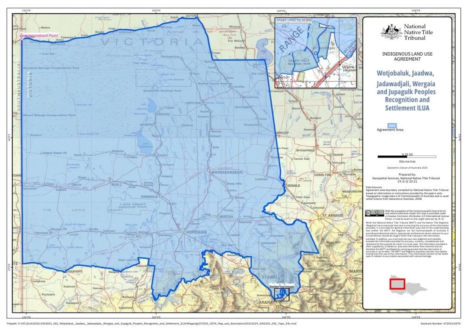 Topogrophical map of Victoria showing a blue overlay across parts of the Wimmera and Southern Mallee, areas that the Federal Court has recognised as native title of the Wotjobaluk, Jaadwa, Jadawadjali, Wergaia and Jupagulk People of the Wotjobaluk Nations