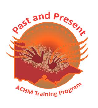 Logo for the ACHM Training Program, showing two hands across a map of Victoria