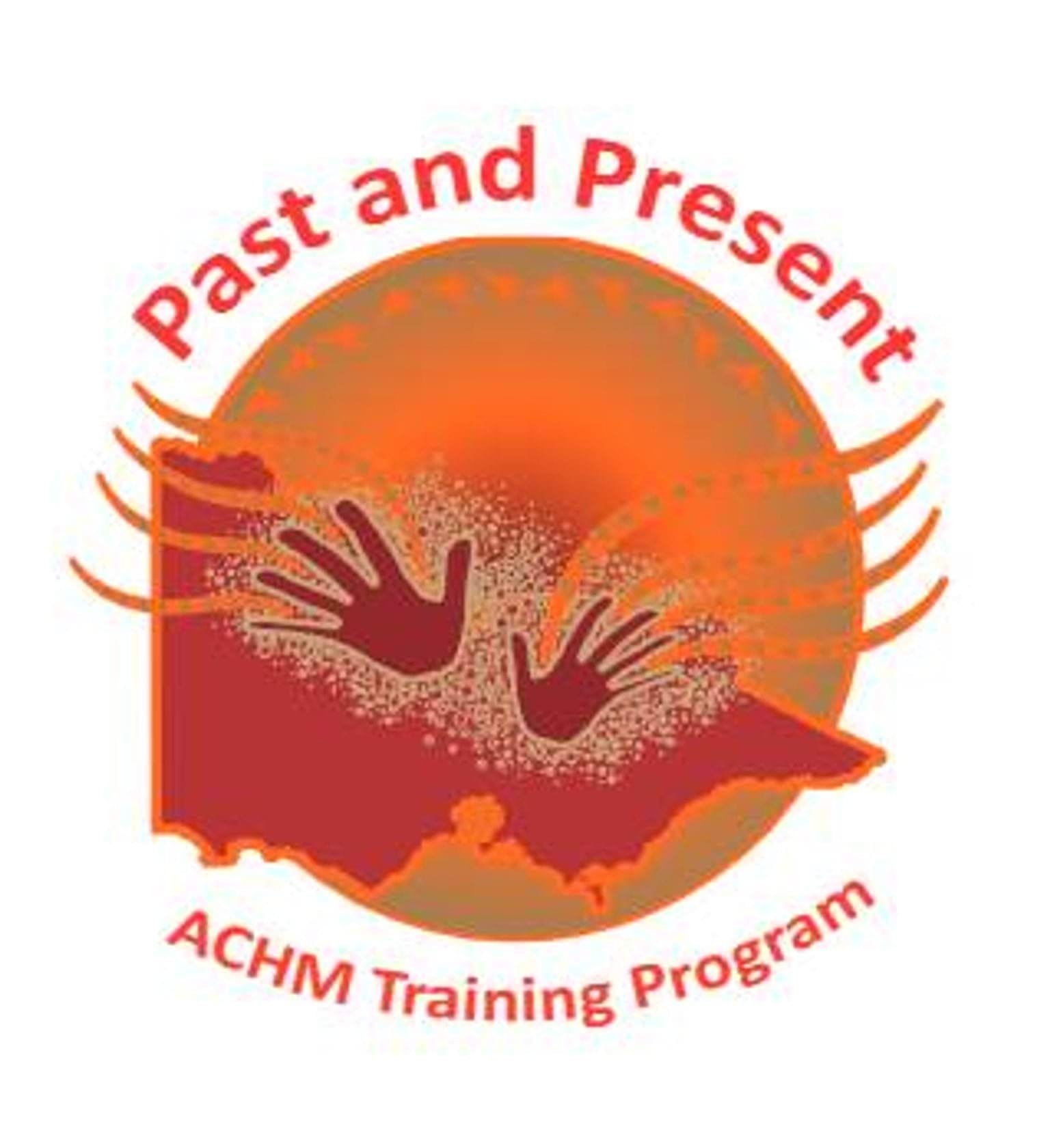 Logo for the ACHM Training Program, showing two hands across a map of Victoria